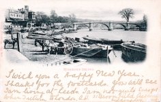 Richmond Bridge from downstream,river view,horse unloading barge
